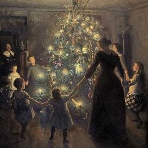 En glasmager i Lauscha blæser en julekugle af varmt glas ved en lille ovn, ca. 1850